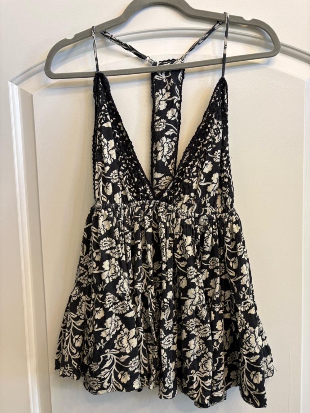 Free People Black and White Floral Crochet Trim Tank